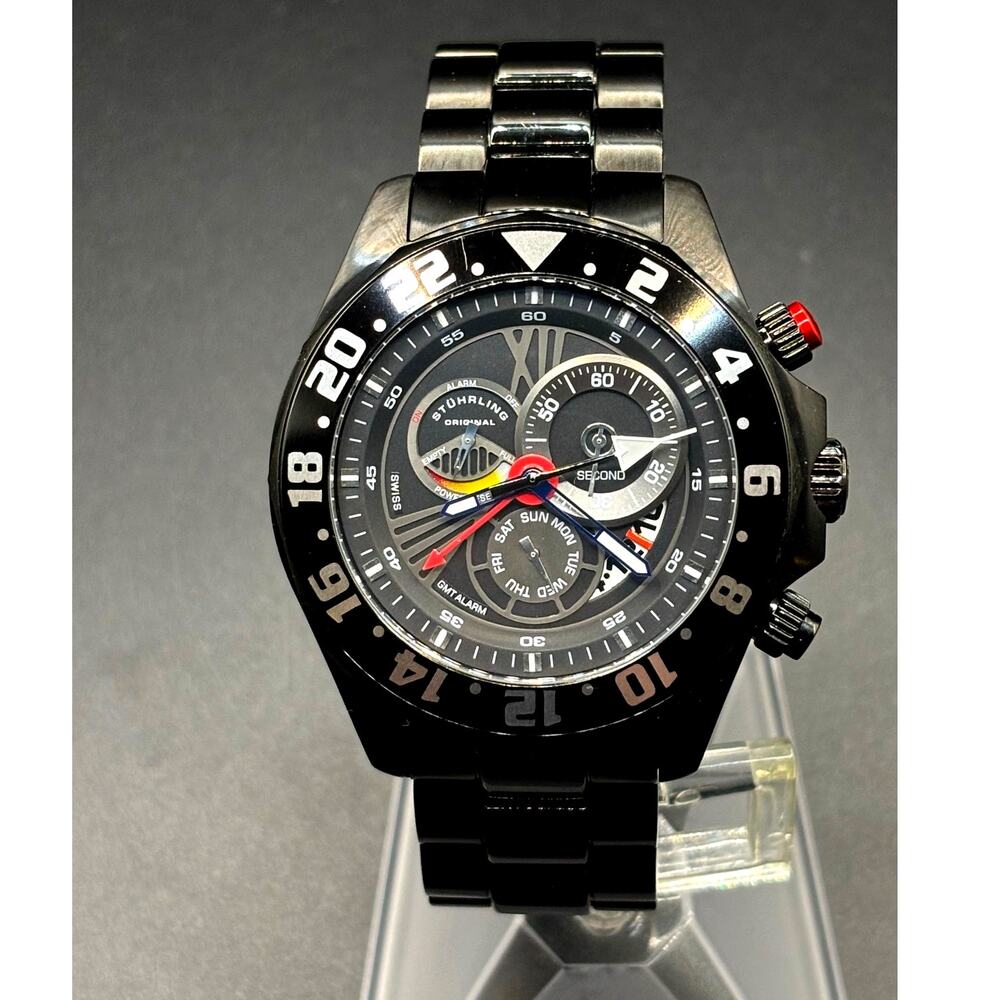Stührling Original Nautico 287 GMT Swiss Quartz 46mm Black PVD Diver Watch